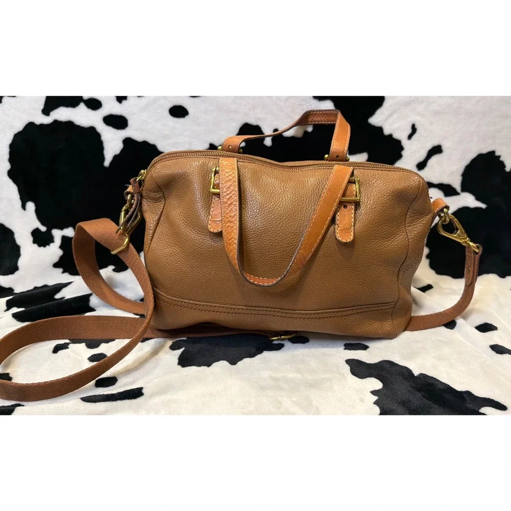 Fossil Brown Pebbled Leather Satchel Crossbody Bag Brass Hardware Handbag